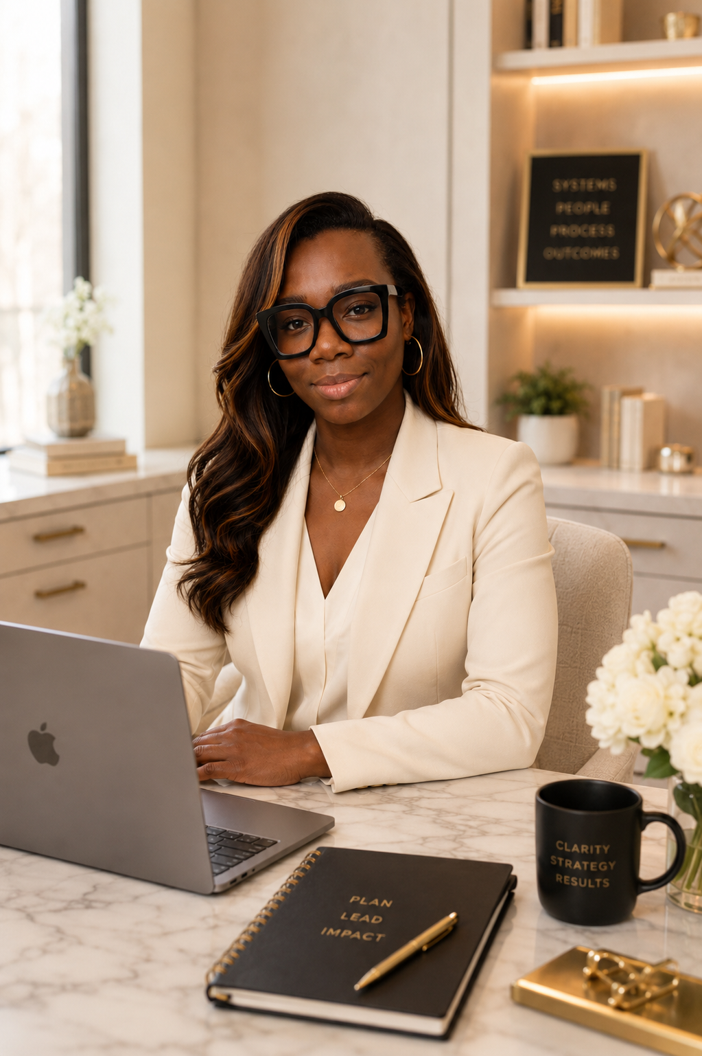 Lisa Renee, founder of The Liora Agency, at a clean marble desk with a laptop and planner